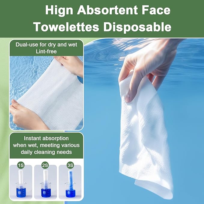 Face Towels Disposable, 12” x 10” Biobased Facial Towelettes, Large Soft & Thick Dry Wipes for Gentle Skincare, Face Washing & Makeup Removal, Lint-Free Clean Facial Towels, 100 Count