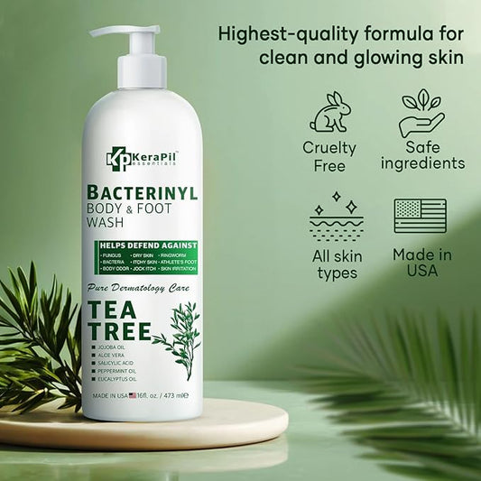 Bacterinyl Tea Tree Oil Body Wash - Antibacterial & Antifungal Support for Ringworm, Body Odors, Athlete’s Foot & Acne, Helps Soothe Itchy, Dry Skin - Made in USA (16 fl oz x 2)