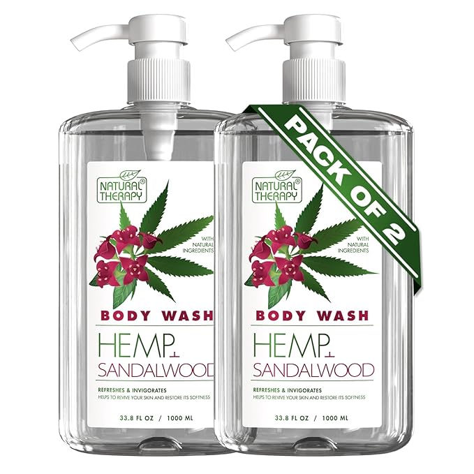 Natural Therapy Body Wash for Women and Men with Hemp & Sandalwood Oils - Shower Gel Cleanses and Moisturizing Skin - With Dead Sea Minerals Nourish for Body, Pack of 2 (67.6 fl.oz)