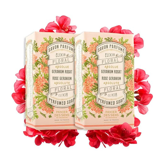 Panier des Sens – Rose Geranium Bar Soap - Moisturizing Gentle Scented Soap Bar - Natural Soap with Olive Oil - 97% Natural Ingredients Made in France - Vegan Friendly - Body & Hand Soap Bars 2x5.3 oz