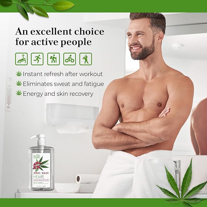 Natural Therapy Body Wash for Women and Men with Hemp & Sandalwood Oils - Shower Gel Cleanses and Moisturizing Skin - With Dead Sea Minerals Nourish for Body, Pack of 2 (67.6 fl.oz)