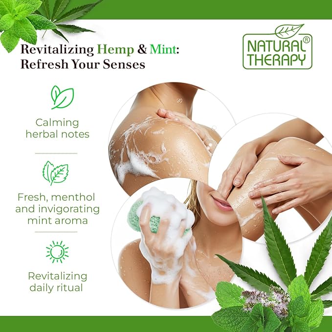 Natural Therapy Body Wash for Women and Men with Hemp & Mint - Shower Gel Cleanses and Moisturizing Skin - With Dead Sea Minerals Nourish for Body, Pack of 2 (67.6 fl.oz)