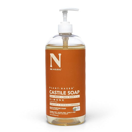 Dr. Natural Castile Liquid Soap - Multi-Use Body Wash, Shampoo and Face Wash - Hydrating Body Soap for Skin, Hair, Pets and Home - Almond - 32 oz.