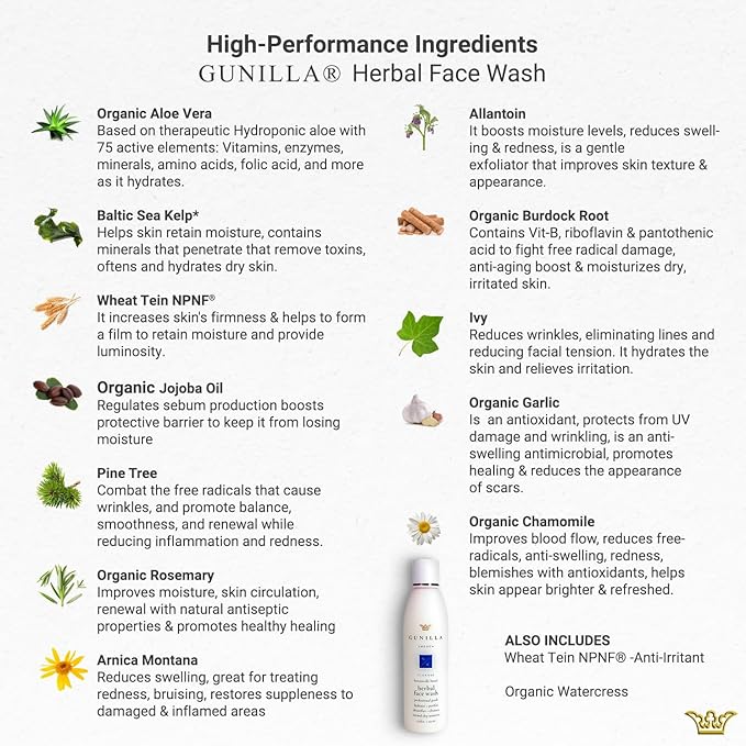 GUNILLA Herbal Face Wash - Very Gentle Daily Cream Cleanser for Dry, Normal, Sensitive Skin. Removes Dirt, Oil & Impurities. Plant-Based. Vegan. Natural. Concentrated 6.7 oz