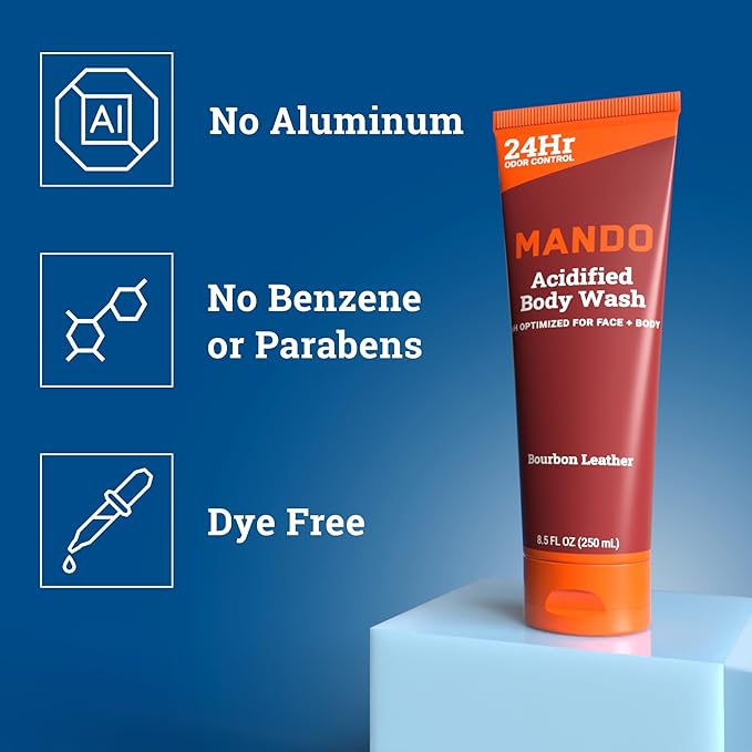 Mando Odor Shield Body Wash - 24 Hour Control - Removes Odor Better than Soap - SLS Free, Paraben Free, Skin Safe - 8.5 Ounce (Pack of 2) (Bourbon Leather)