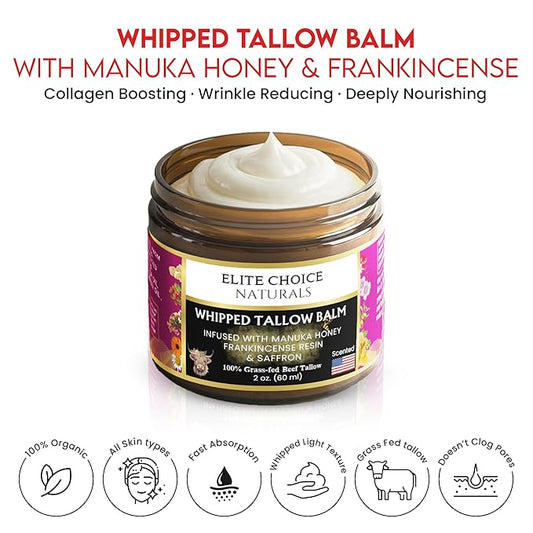 Whipped Tallow Balm with Raw Manuka Honey & Frankincense – Organic Anti-Aging Face, Neck & Décolleté Cream– Boosts Collagen, Reduces Wrinkles, Fine Lines, Pigmentation, Puffiness & Sunburn (2 oz)