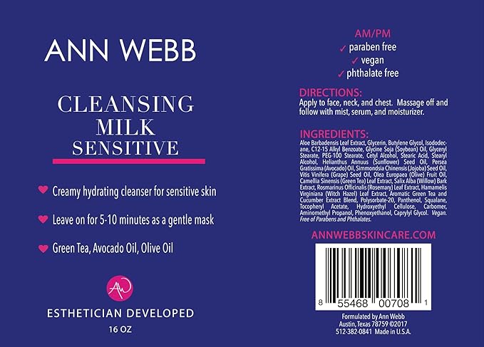 Sensitive Cleansing Milk Gentle Daily Face Cleanser for Sensitive Skin with Lactic Acid - Nourishes and Rejuvenates All Skin Types (16oz)