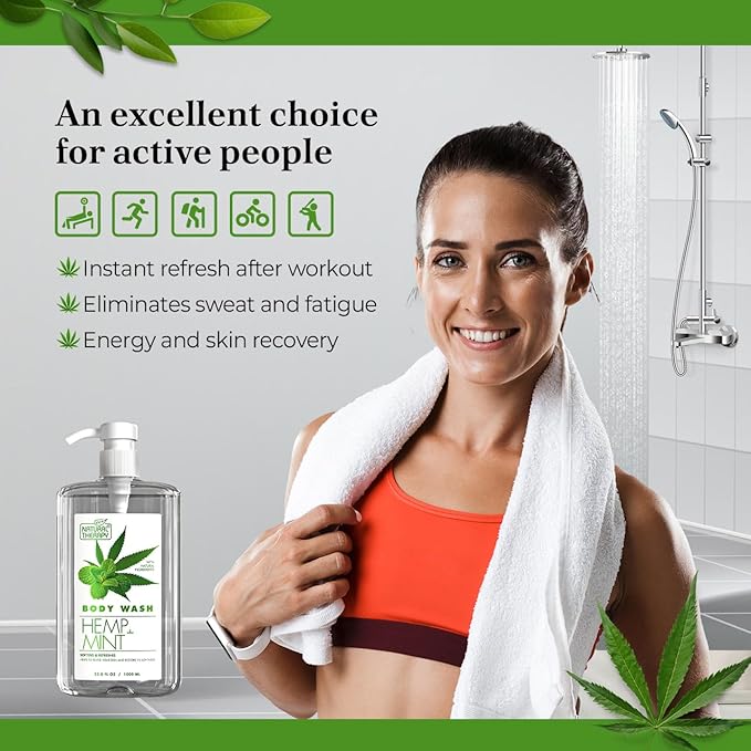 Natural Therapy Body Wash for Women and Men with Hemp & Mint - Shower Gel Cleanses and Moisturizing Skin - With Dead Sea Minerals Nourish for Body, Pack of 2 (67.6 fl.oz)