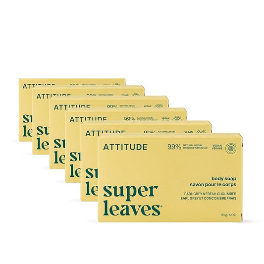 ATTITUDE Body Soap Bar, Natural Origin, Protects and Softens Dry Skin, Watercress, Indian Cress & Olive Oil, EWG Verified & Vegan, Earl Grey & Fresh Cucumber, 4 Oz (Pack of 6)