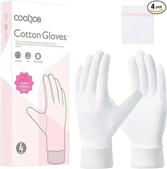 COOLJOB 4 Pairs Soft Moisturizing Cotton Gloves Set with Stretch Elastic Cuff, Overnight Lotion Sleeping Gloves for Dry Hands, Eczema Skin, Beauty Women SPA Essentials, Small, White