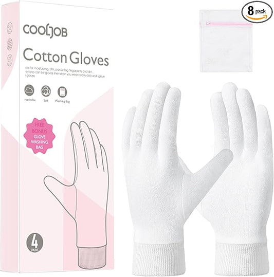 COOLJOB 4 Pairs Soft Moisturizing Cotton Gloves Set with Stretch Elastic Cuff, Overnight Lotion Sleeping Gloves for Dry Hands, Eczema Skin, Beauty Women SPA Essentials, Large, White