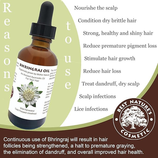 Best Nature's Bhringraj Oil – Pure Indian Eclipta Alba Oil for Hair Growth, Dandruff & Early Graying – Natural Scalp Cleanser – Hello Luminous, Shiny Hair – 2 fl oz