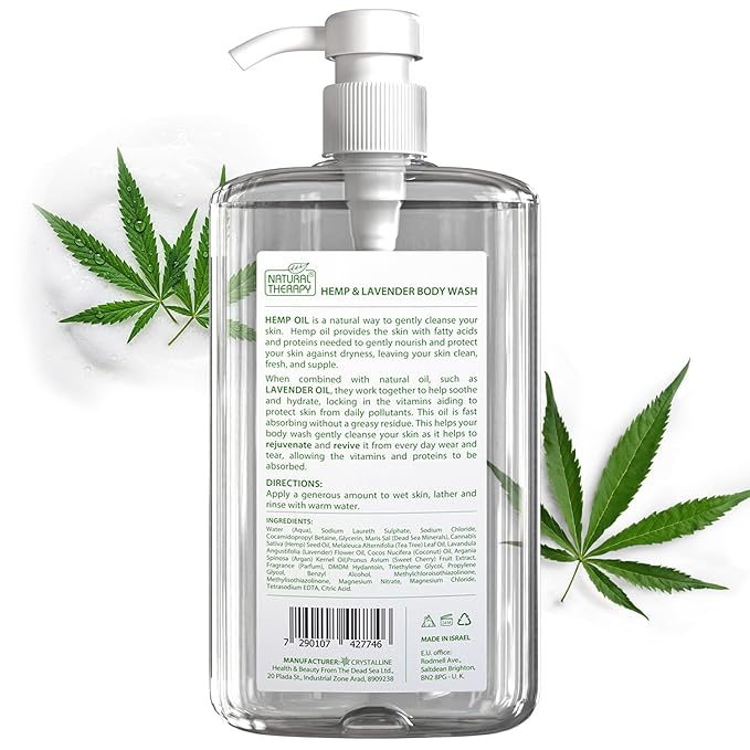 Natural Therapy Body Wash for Women and Men with Hemp & Lavender Oils - Shower Gel Cleanses and Moisturizing Skin - With Dead Sea Minerals Nourish for Body, Pack of 2 (67.6 fl.oz)