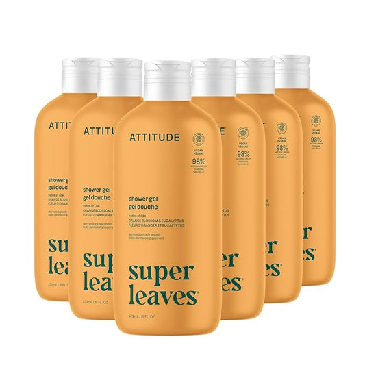 ATTITUDE Body Wash, EWG Verified Shower Gel, Dermatologically Tested, Plant and Mineral-Based, Vegan Personal Care Products, Orange Leaves, 16 Fl Oz (Pack of 6)