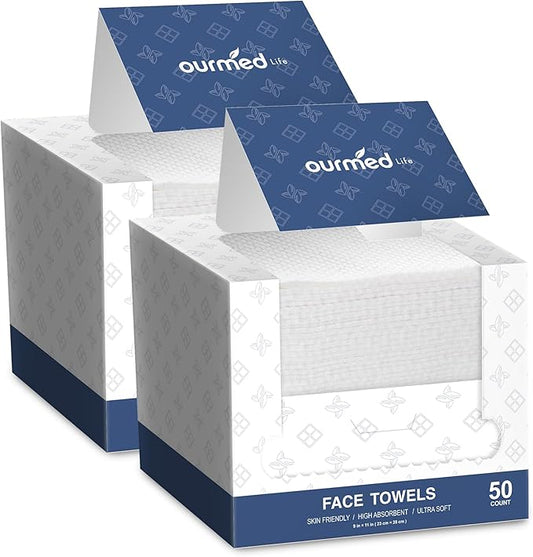 Ourmed Life Face Towels, 11"×9" Disposable Face Towel – Ultra-Soft, Thickened Facial Towelettes, Lint-Free Dry Wipes for Sensitive Skin, Ideal for Makeup Removal & Skincare (50 Count, 2 Pack)