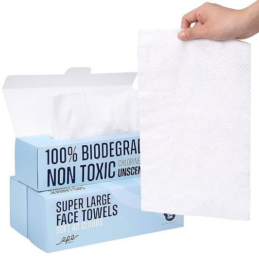 XL Disposable Face Towels, 100% Biodegradable, Non-Toxic, Unscented Thick Face Towelettes for Sensitive Skin Face Washing, Ultra Soft Makeup Remover Dry Wipes, 180 Count (3 Pack)