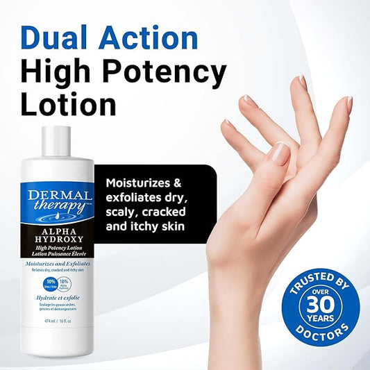 Dermal Therapy Alpha Hydroxy Lotion with 10% Lactic Acid & 10% Urea – Fragrance-Free Moisturizer for Dry Skin – 16 fl oz (474 ml)