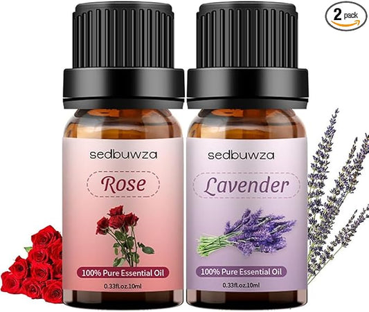 Sedbuwza Rose Lavender Essential Oil Set, Rose Fragrance Oil Lavender Scent Oil Set for Diffuser, Aromatherapy, Massage, Soap, Candle Making 2 x 10 ml