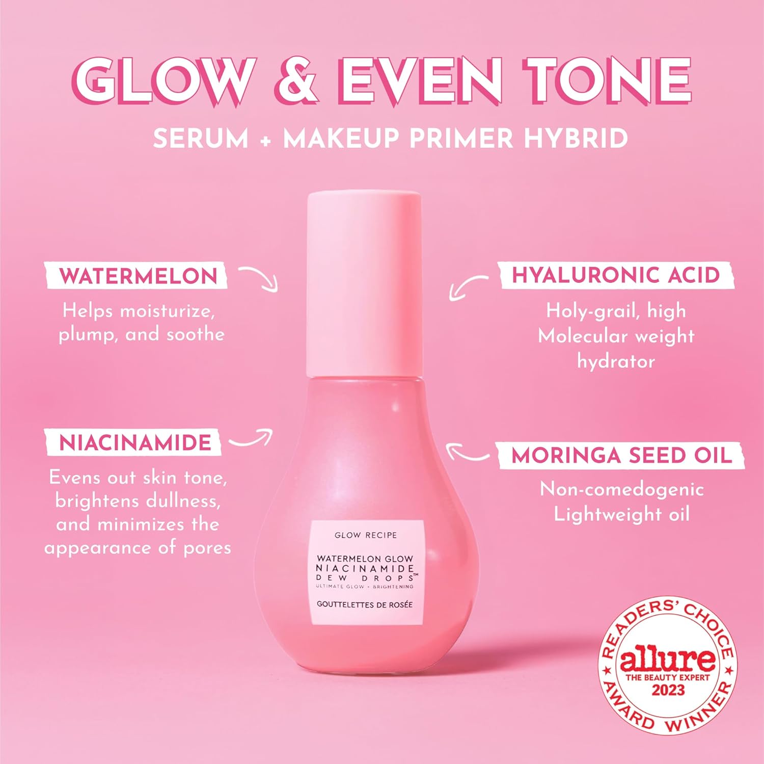 Watermelon Niacinamide Dew Drops - Brightening, Plumping Hydrating Face Serum, Makeup Primer + Liquid Highlighter with Hyaluronic Acid - Dewy & Glowing Korean Skin Care (40Ml)