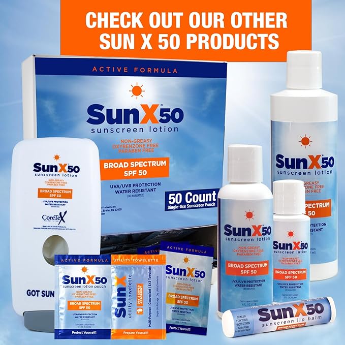 CoreTex Sun X 50 Broad Spectrum Sunscreen Packets & Dry Towels Duo Kit - Pack of 100 Paraben, Oxybenzone, Octinoxate, & Oil Free Sunscreen - No White Cast and Water & Sweat Resistant Up to 80 Minutes