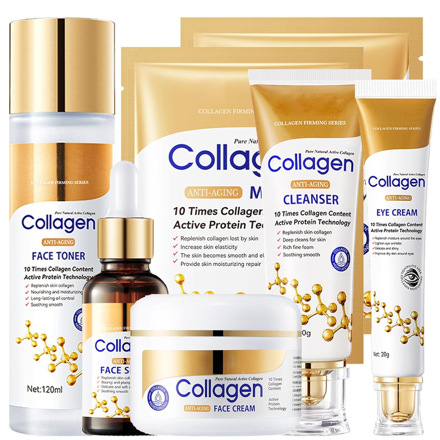 Advanced Collagen Anti-Aging Skin Care Set for Women – 6pcs Firming Face Care Kit with Serum, Eye Cream, Toner, Cleanser & Facial Mask for Wrinkle Reduction, Pore Minimizing & Hydration