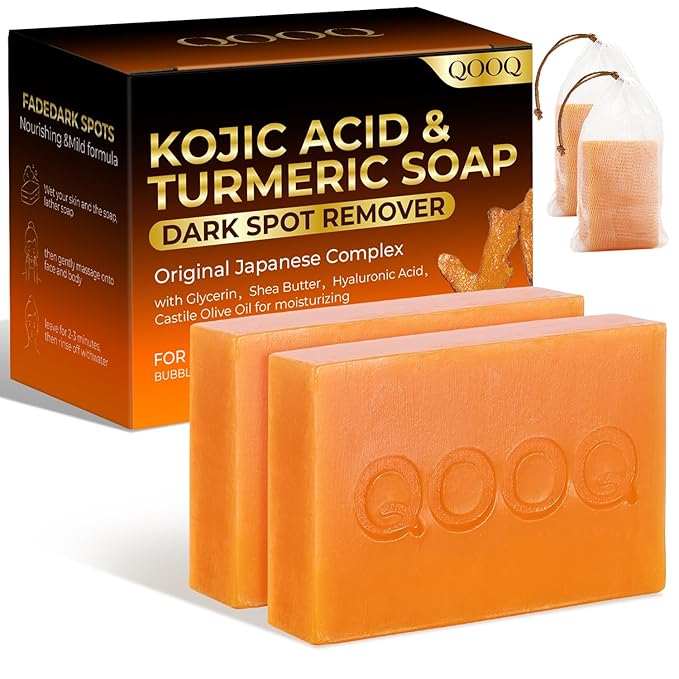 QOOQ Turmeric Kojic Acid Soap for Dark Spots Brightening – Face and Body Wash with Vitamin C, Retinol, Collagen, Vitamin E, Glycerin, Shea Butter & Castile Olive Oil – Soap for Women & Men (120g x 2)