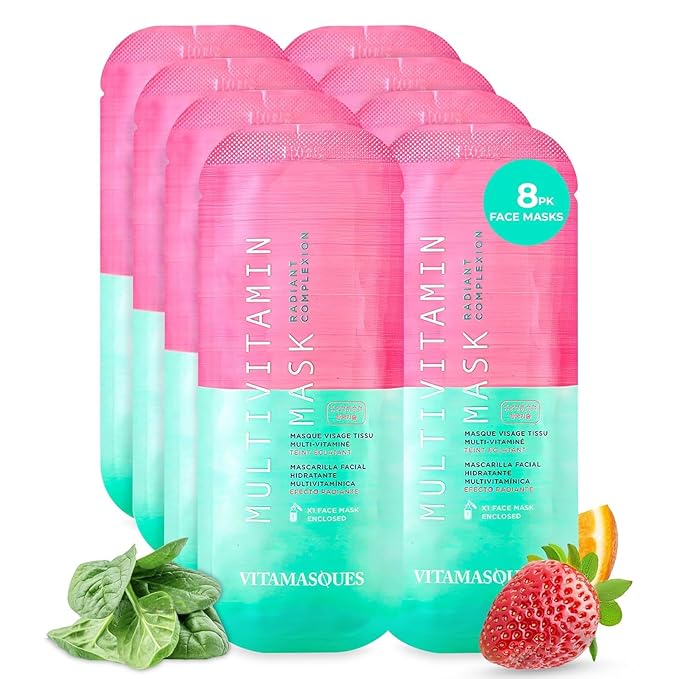 Vitamasques Multivitamin Face Mask, 8-Pack - Hydrating and Nourishing for Radiant Skin, Provides Vitamins B, C & E