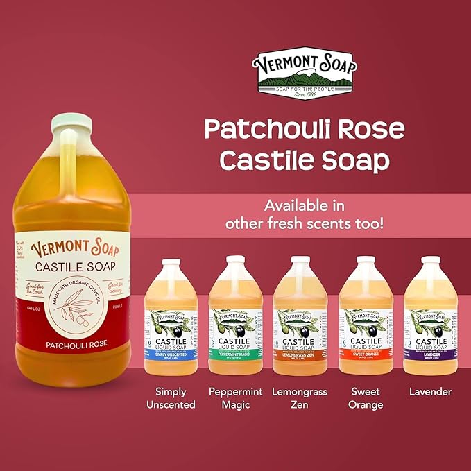 Vermont Castile Soap Patchouli Rose, Gentle Liquid Soap for Sensitive Skin & Natural Body Wash, Organic Hair Shampoo for Oily Hair, Aloe Castile Soap for Men & Women - 64 Oz
