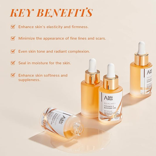 ANAI RUI Squalane + Vitamin E Rosehip Oil Moisturizer for Face Hydrate, Reduce Scars and Stretch Marks, Wrinkles for Smoother, Softer Skin 1 fl. Oz