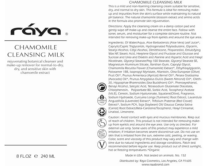 Raya Chamomile Facial Cleansing Milk 8 oz (152) | Gentle, Soap-Free Fluid Cleanser and Make-Up Removing Lotion for Dry and Sensitive Skin | Helps Calm Irritations and Refine Pores