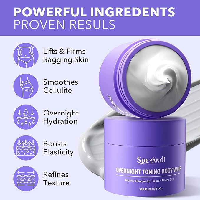 Overnight Toning Whip, Anti-Wrinkle Firming Body Lotion, Smooth & Tight Skin, Helps Target Loose Skin & Stretch Marks Removal on Belly, Thighs & Booty (3.38 OZ)