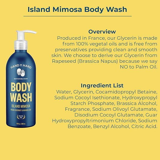 Hand in Hand Body Wash, Body Lotion, Liquid Hand Soap, and Sugar Scrub Combo Pack, Fresh Coconut & Mango Leaf, Island Mimosa Scent