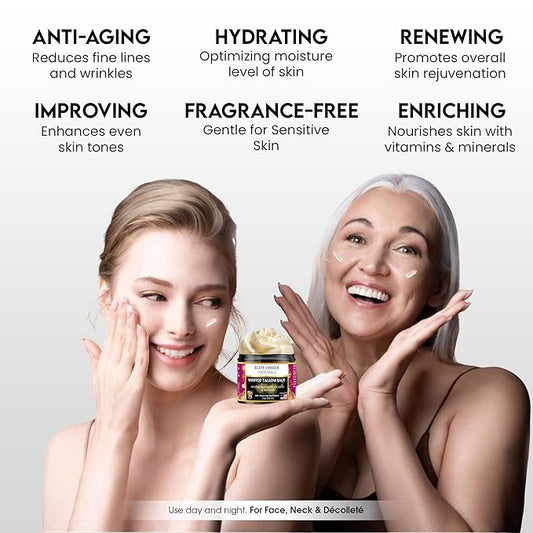Whipped Tallow Balm with Raw Manuka Honey – Fragrance-Free & Essential Oil-Free, Anti-Aging Face, Neck & Décolleté Cream – Boosts Collagen, Reduces Wrinkles, Fine Lines, Puffiness & Sunburn (2 oz)