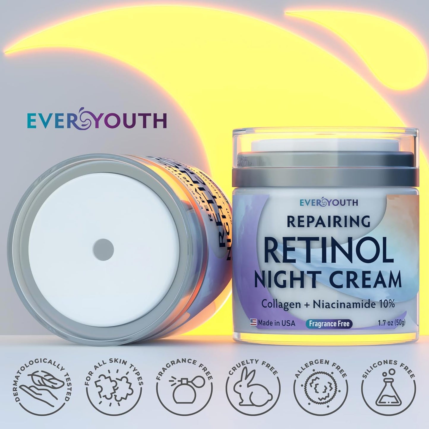 Retinol Night Cream for Women – Anti-Aging Face Moisturizer with Collagen & Niacinamide – Hydrating Overnight Facial Cream for Wrinkles, Fine Lines & Dark Spots – Made in USA, 1.7oz