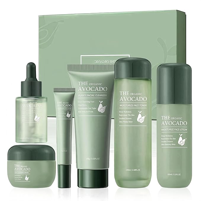 Avocado Skin Care Set, Face Skin Care Set For Women, Skin Care Kit for Women Teens - Cleanser, Toner, Face & Eye Cream, Serum, Facial Lotion, 6PCS Skincare Gift Set Anti-Aging Smooth Hydrating Skin