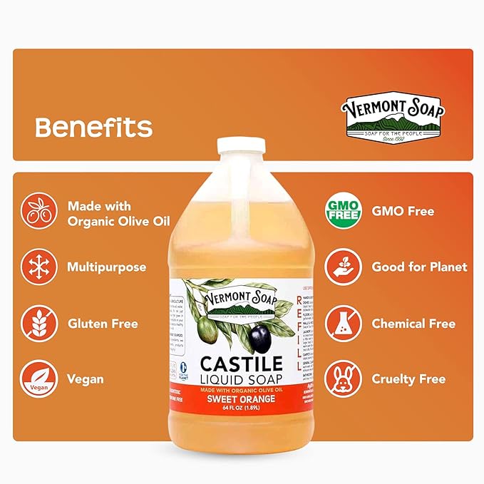 Vermont Pure Castile Soap Orange, Gentle Liquid Soap for Sensitive Skin & Natural Body Wash, Organic Hair Shampoo for Oily Hair, Aloe Castile Soap for Men & Women - 64 Oz