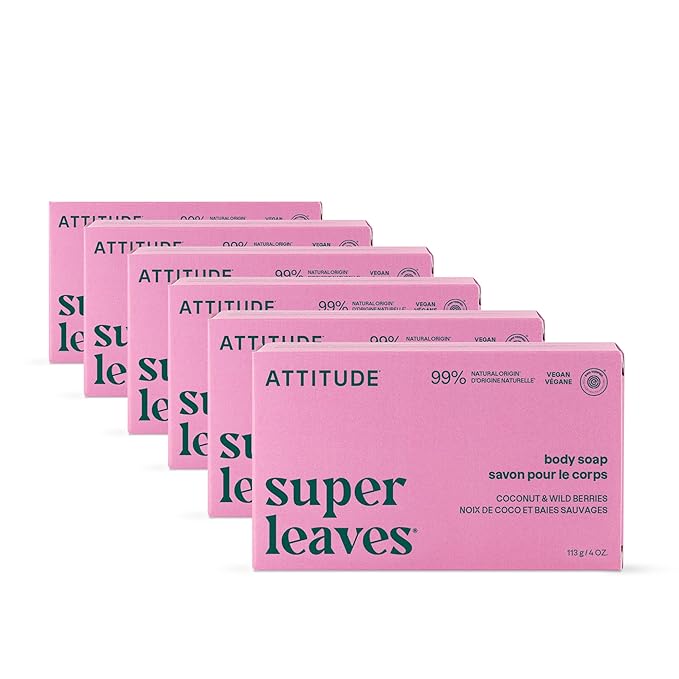 ATTITUDE Body Soap Bar, Natural Origin, Protects and Softens Dry Skin, Watercress, Indian Cress & Olive Oil, EWG Verified & Vegan, Coconut & Wild Berries, 4 Oz (Pack of 6)