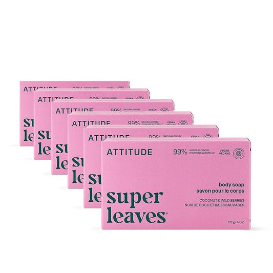 ATTITUDE Body Soap Bar, Natural Origin, Protects and Softens Dry Skin, Watercress, Indian Cress & Olive Oil, EWG Verified & Vegan, Coconut & Wild Berries, 4 Oz (Pack of 6)