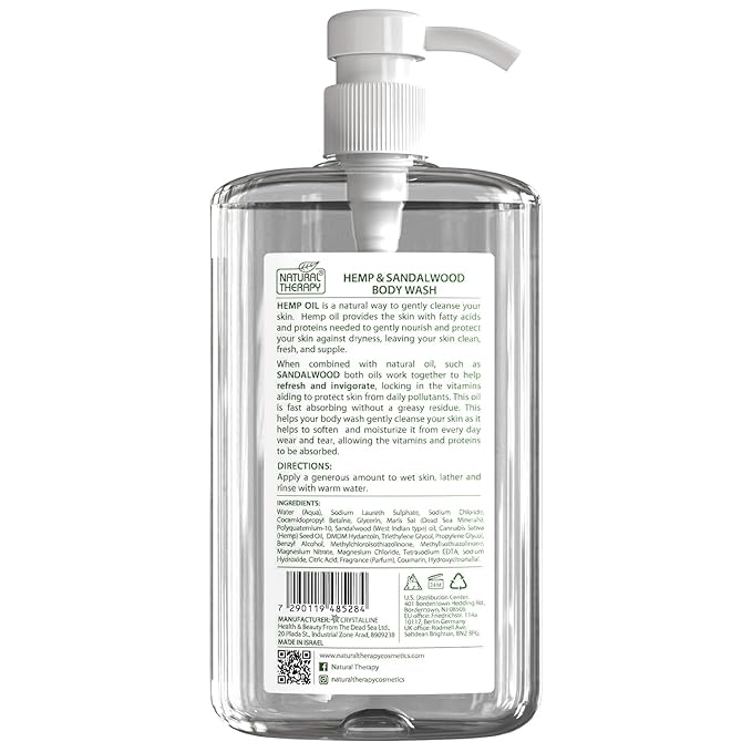Natural Therapy Body Wash for Women and Men with Hemp & Sandalwood Oils - Shower Gel Cleanses and Moisturizing Skin - With Dead Sea Minerals Nourish for Body, Pack of 2 (67.6 fl.oz)