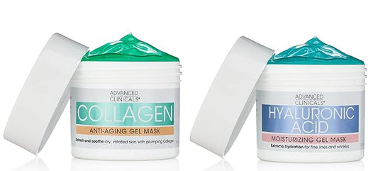 Advanced Clinicals Collagen Anti Aging Gel Mask W/Coconut Oil & Rosewater + Hyaluronic Acid Moisturizing Gel Mask W/Soothing Chamomile 2-Pack Skin Care Set. Hydrating Facial Skincare Mask Bundle