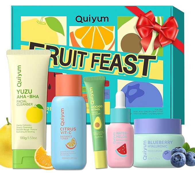 Fruit Skin Care for Teens, 5 Daily Routine Beauty Skin Care Sets - Exfoliation, Smooth, Clean, Oil Control, Firm, Hydrate, Glow Up, Skincare Gift Set for Girls Women, Facial Travel Set, for All Skin