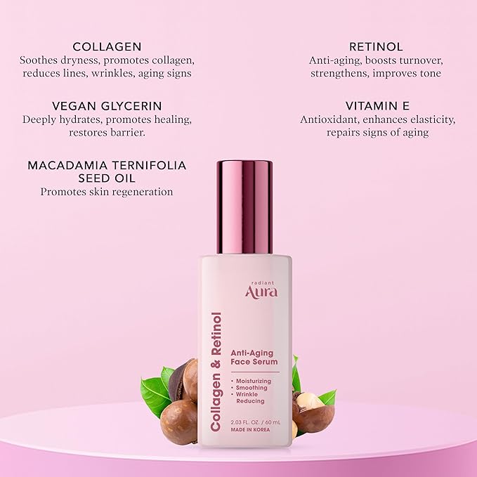 Collagen & Retinol Face Serum - Dermatologist Tested Korean Anti-Aging Solution for Wrinkles & Dark Spots - Premium Skin Repair Formula for Deep Hydration & Rejuvenation - 2 fl oz
