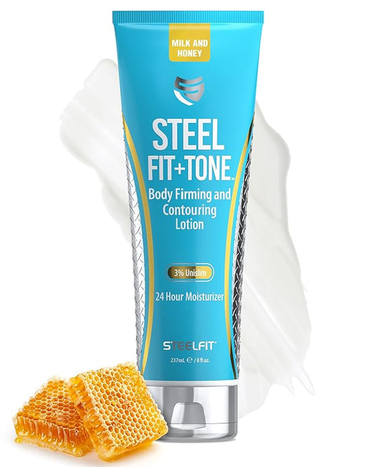 SteelFit Firming Body Lotion - Contouring & Skin Tightening Cream for Body - Firm & Tone Cellulite Remover for Legs Belly & Saggy Skin - Nourishing & Soothing with Shea & Cocoa Butter - Milk & Honey