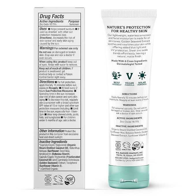 Badger Mineral Face Sunscreen with Zinc Oxide, Sunblock Lotion Moisturizer with SPF 30, Vegan, Unscented, Lightweight Mineral Sunscreen for Face, 1.7 fl oz