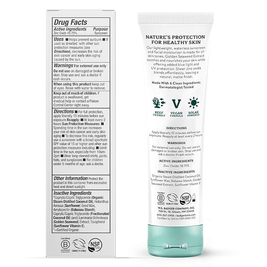 Badger Mineral Face Sunscreen with Zinc Oxide, Sunblock Lotion Moisturizer with SPF 30, Vegan, Unscented, Lightweight Mineral Sunscreen for Face, 1.7 fl oz