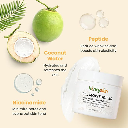 Honeyskin Gel Moisturizer for face – Lightweight Water Gel Infused with Coconut water with Niacinamide & Peptides for Deep Hydration – Hypoallergenic Face Moisturizer for Women 2oz
