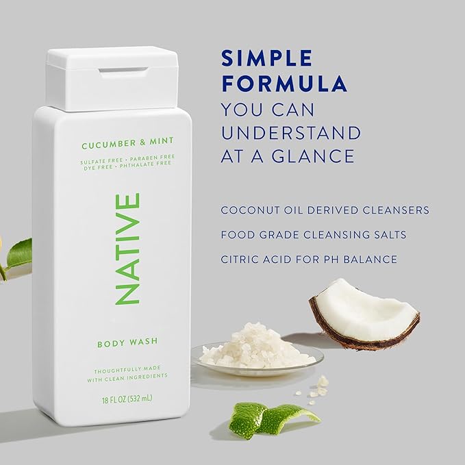 Native Body Wash Contains Naturally Derived Ingredients | For Women & Men, Sulfate, Paraben, & Dye Free Leaving Skin Soft and Hydrated | Cucumber & Mint 18 oz - 2 Pk