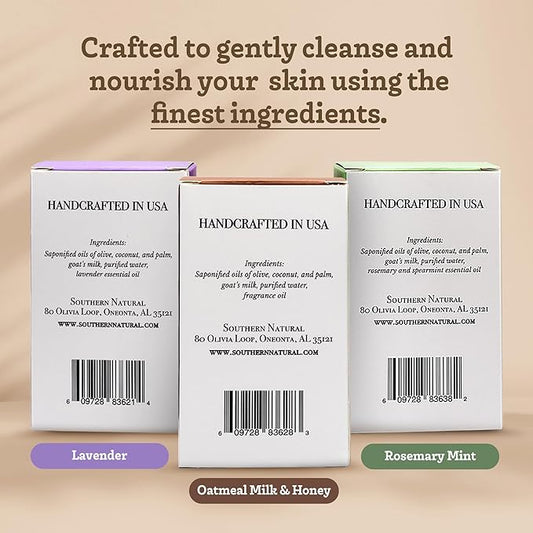 Southern Natural Goat Milk Soap Bar – Lavender, Oatmeal Milk & Honey, Rosemary Mint – Handmade for Dry and Sensitive Skin– Face & Body Wash for Men, Women, Kids, Baby – 3 pack (4-4.5 oz)