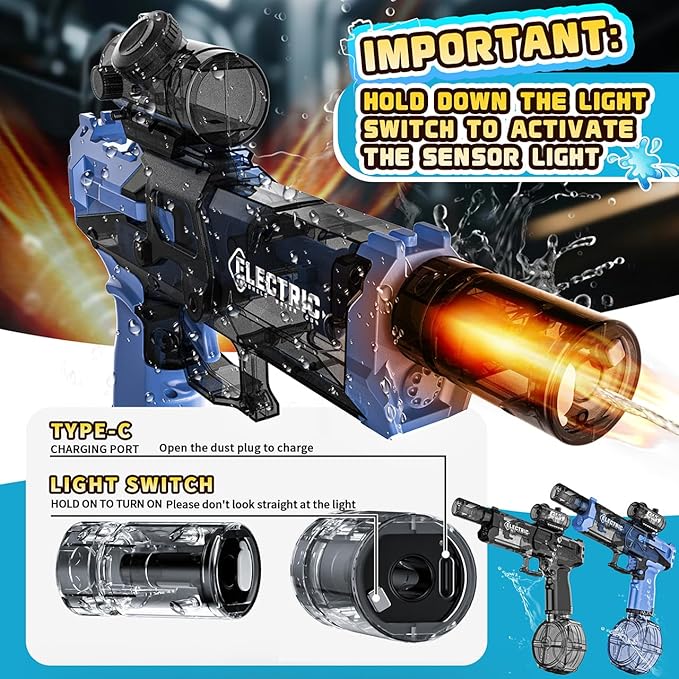 2 Pack Electric Water Guns with Muzzle Flash for Adults & Kids, Automatic Water Gun with 28-32 FT Long Range, Powered Water Gun Summer Outdoor Pool Beach Toy (Blue+Black)