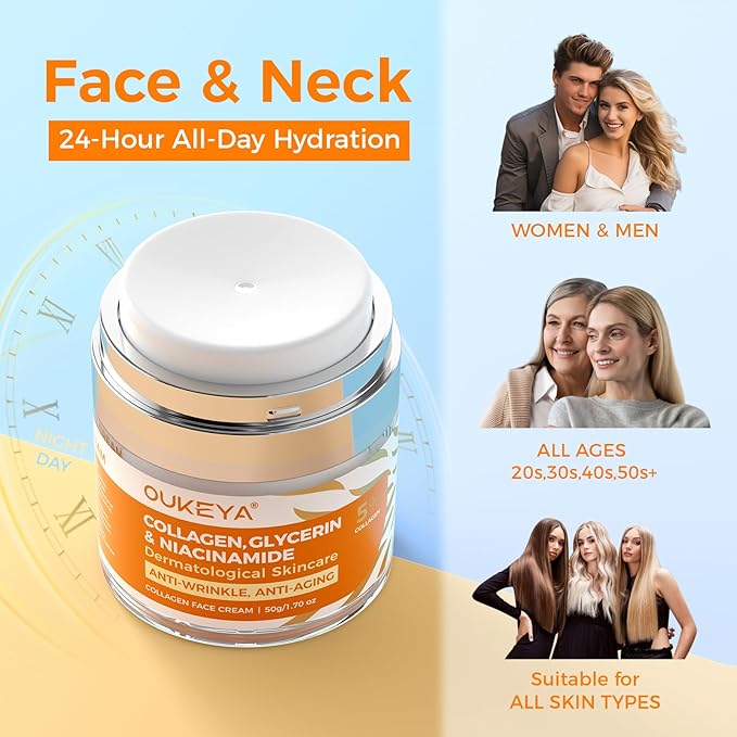 OUKEYA Collagen, Retinol & Hyaluronic Acid Cream - Anti-Aging Face Moisturizer for Face, Neck & Décolleté, Daily Moisturizer Face Cream - 1.7 fl.oz with 5% Hyaluronic Acid Niacinamide